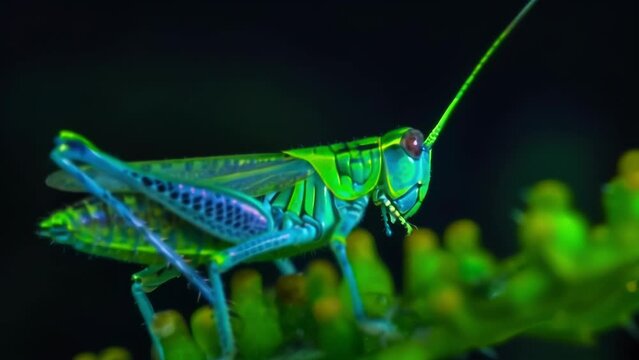 The ovipositor of a grasshopper highlighted in fluorescent colors demonstrating its incredible flexibility and ability to bend and . AI generation.