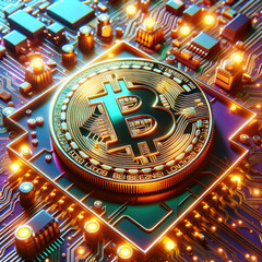 Bitcoin cryptocurrency concept with circuit board texture. Digital currency design for posters and web banners. Technology and finance theme with 3D rendering.