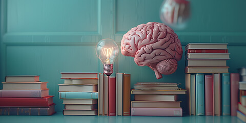 Brain and light bulb on top of books. Education and knowledge concept