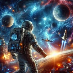 Astronaut with cosmic backdrop and spacecraft. Digital art illustration of space travel and exploration concept for poster, wallpaper.