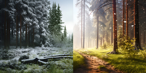 A snow covered road and a path with trees snowy forest scene sunlight and frozen Beauty summer and winter are combined in one