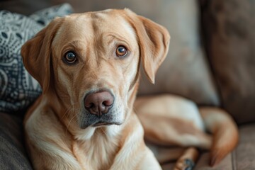 Labrador retriever with a thoughtful expression. High-resolution pet photography perfect for capturing the essence of canine companionship.