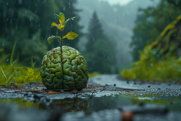 Human brain with green sprout growing out of the ground in rain