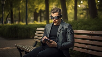 Obraz premium A man in a black suit is sitting on a bench and looking at a tablet