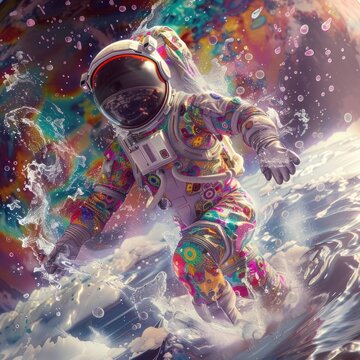 Astronaut in a vibrant suit floating with water bubbles. Digital art with surreal elements. Space exploration and artistic expression concept for poster, wallpaper, and print design