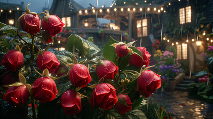 Beautiful red roses in the garden. Red roses on the background of the night city.