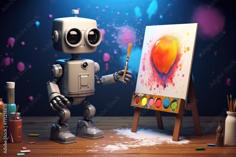 Poster concept of generative ai art technology, robot painting picture in studio. comeliness
