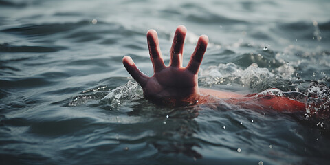 Ocean struggle drowning hand of a man in the sea - obrazy, fototapety, plakaty