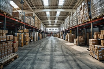 Warehouse interior with shelves and racks full of boxes. Industrial background