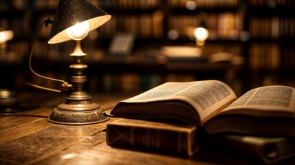 Old books and lamp on wooden table in library. Selective focus.