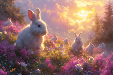 Bird's-eye perspective of a lively and towering hill of Easter bunnies, amidst a hazy, fairy-tale Easter setting, with bunnies frolicking and playing with Easter eggs, bathed in a soft,  - obrazy, fototapety, plakaty