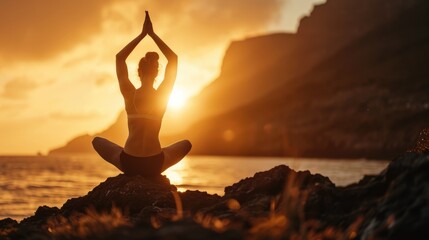 The picture of the young or adult female human doing the yoga pose for relaxation or meditating the mind in the middle of the nature under the bright sun in the daytime of a dawn or dusk day. AIGX03. - obrazy, fototapety, plakaty