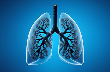 Illustration of human lungs and bronchial tree highlighted, on blue background