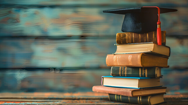 Graduation cap on stack of books on wooden table education concept generative ai