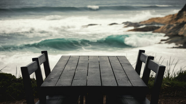 pier on the beach An empty dark wooden table positioned against a backdrop of crashing waves and rocky cliffs, dynamic interplay of light and water,