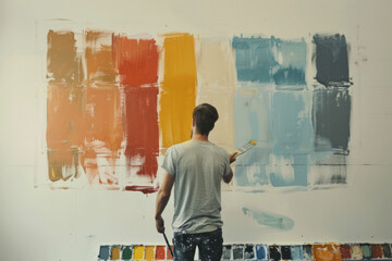 A painter man with a paint brush, painting color samples, isolated against a blank white wall