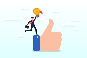 Success businessman manager celebrating employee award on big thumb up symbol, employee of the month, great manager or success staff winning award, staff appreciation or best office worker (Vector)