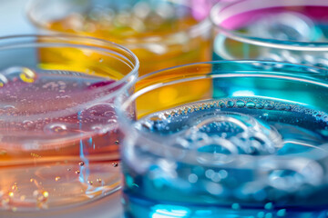 Chemical solutions of different colors in a petri dish