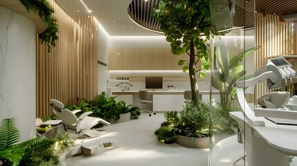 Eco-Conscious Dental Clinic Design with Verdant Elements and Soothing Natural Lighting