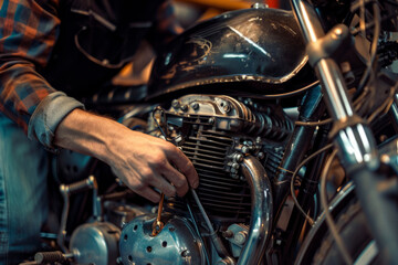 Fototapeta na wymiar A mechanic repairing a motorcycle engine with tools