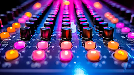 Sound mixer control panel with colorful lights. Close up