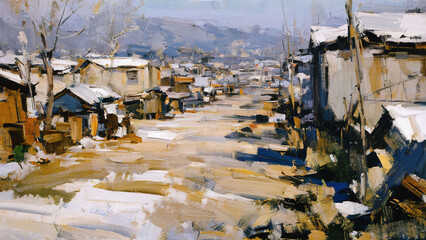 Urban slums, Loosely abstract painting, Stylized digital art painting.