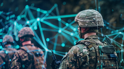 soldiers in military uniform with digital network on blurred background
