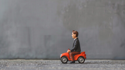 Miniature people : Businessman sitting on red toy car on concrete background