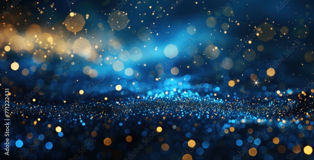 Poster abstract background with sparkling gold and blue dots. generate ai image