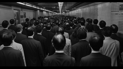 the heads of business people in a crowded subway station. back view