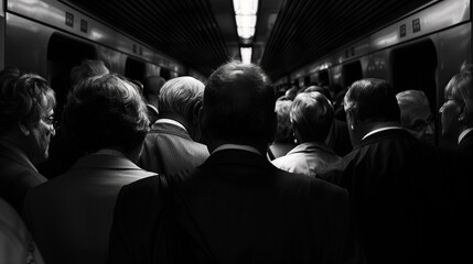 the heads of business people in a crowded subway station
