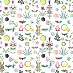 Seamless cute floral pattern. Pink, yellow flowers, moths on a white background.