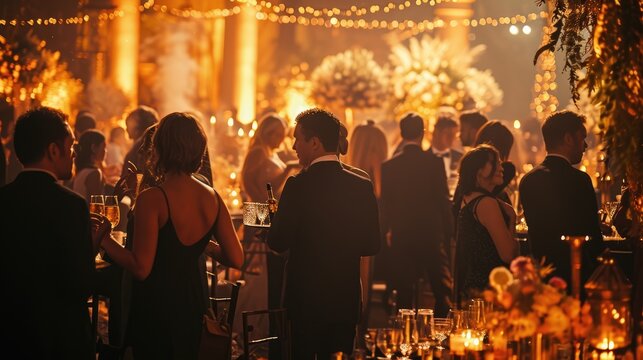 An elegant evening event, people in formal attire, beautifully decorated venue, capturing the essence of a sophisticated gathering. Resplendent.