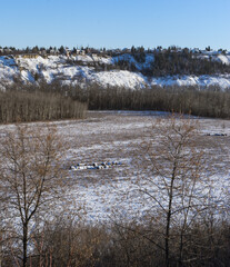 North Saskatchewan river valley field winter landscape with hay bales in winter season