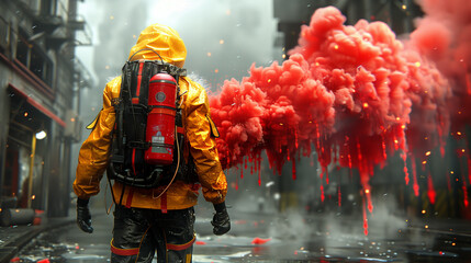 Firefighter in action with a fire extinguisher on the background of smoke