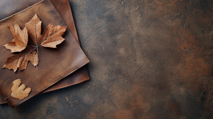dry leaves and on brown leather. Top view with copy space