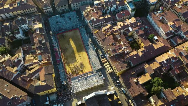 Aerial view around the Piazza di Santa Croce, golden hour in Florence, Italy