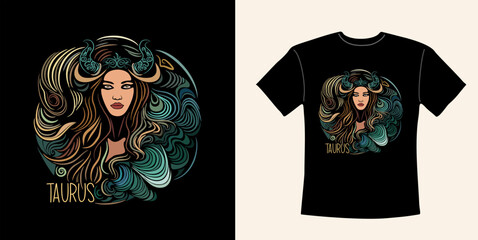 T-shirt design with Taurus zodiac sign. Taurus Zodiac symbol with beautiful girl hand drawn vector colorful illustration on black background. Astrological contemporary art, magic female character. - obrazy, fototapety, plakaty