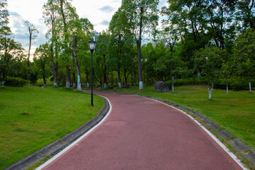 Under the clear sky, the parks in the city are lush with green grass and very quiet