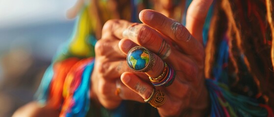 Ecowarrior with Earth emblem ring, in action, vibrant colors, action shot
