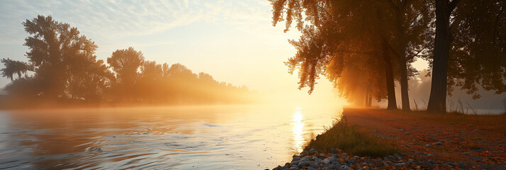 Panoramic view of the river at sunrise. Nature composition.