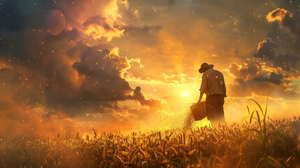 Farmer working on rice field with sunset background.