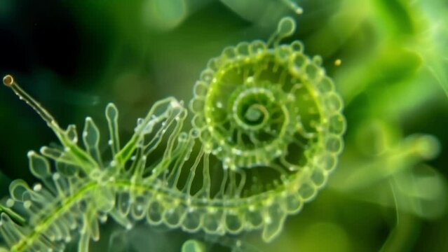 A magnified image of a single cyanobacteria cell showcasing its intricate spiralshaped chloroplasts and long thin appendages called . AI generation.