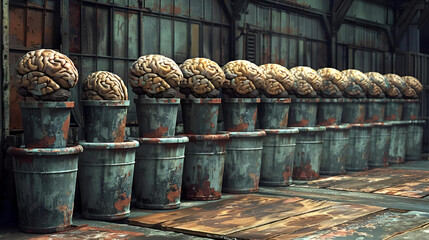 Abandoned industrial waste bin with brain symbol - obrazy, fototapety, plakaty