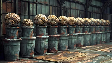 Fotobehang Abandoned industrial waste bin with brain symbol © bahadirbermekphoto