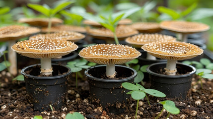 mushroom seedlings in pots in the garden, close up