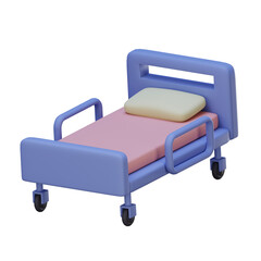 A digital 3D render of a hospital bed icon with pastel colors, medical and healthcare concepts, transparent backgrounds.