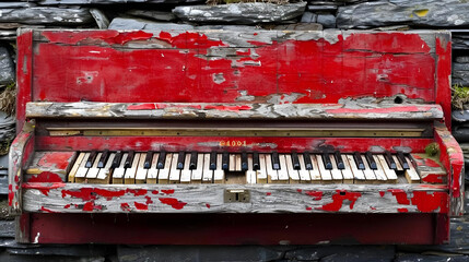 Old broken piano with red paint on a stone wall, horizontal aspect