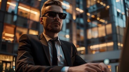 Focused and Determined Business Professional in Suit Overlooking Illuminated Urban Cityscape at Night