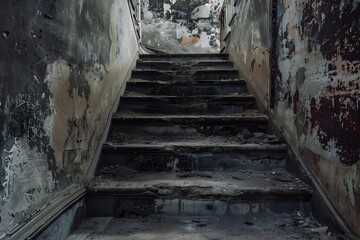 Forgotten Staircase in Dilapidated Industrial Interior with Ominous Atmosphere